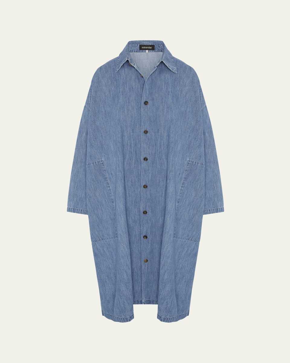Denim Wide A-Line Back-Pleat Shirtdress With Collar